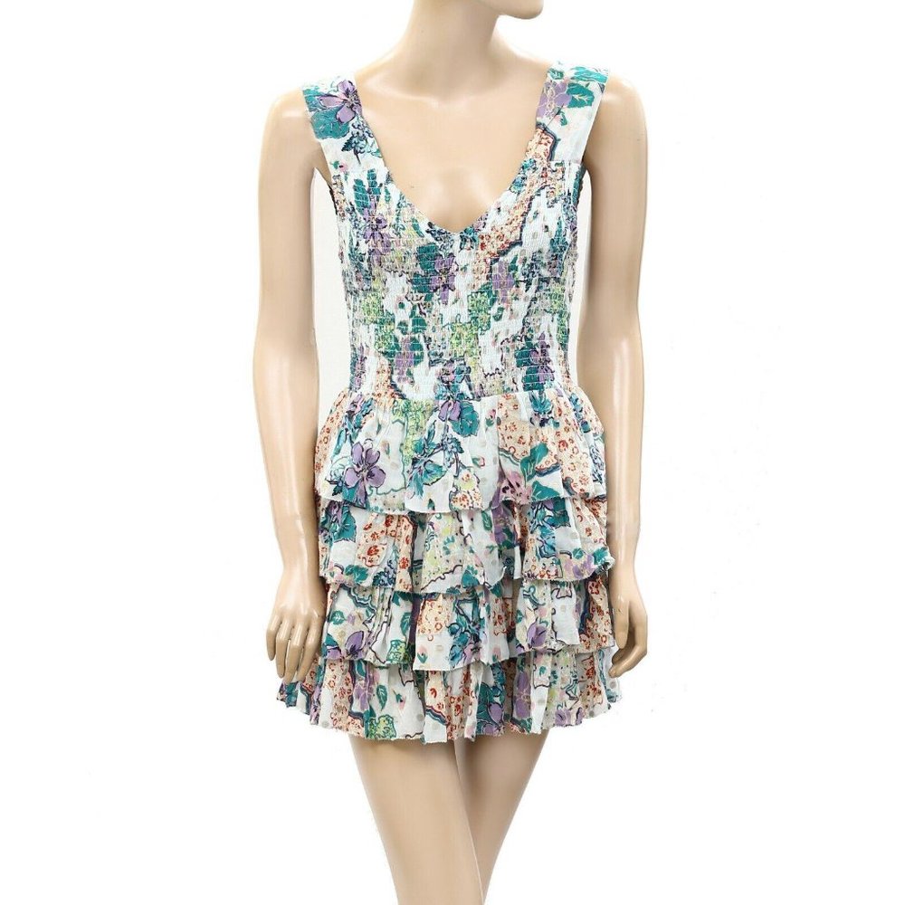 Love The Label Anthropologie Smocked Floral Printed Mini Dress Ruffle M